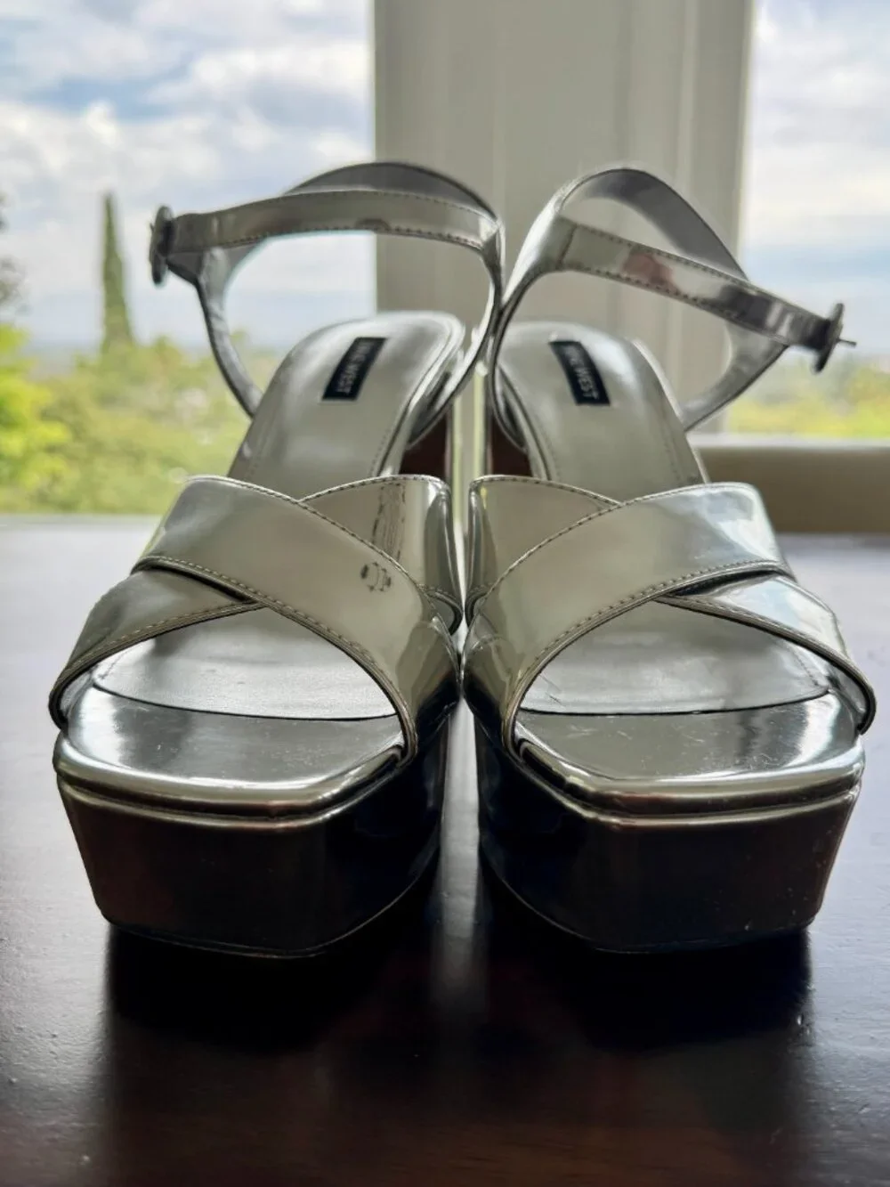 NINE WEST Vallen3 Silver Mirror Metallic Strappy Platform